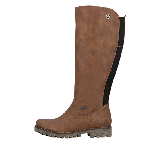 A single brown leather knee-high riding boot with a black side panel and a small circular logo badge near the top, shown against a plain white background.
