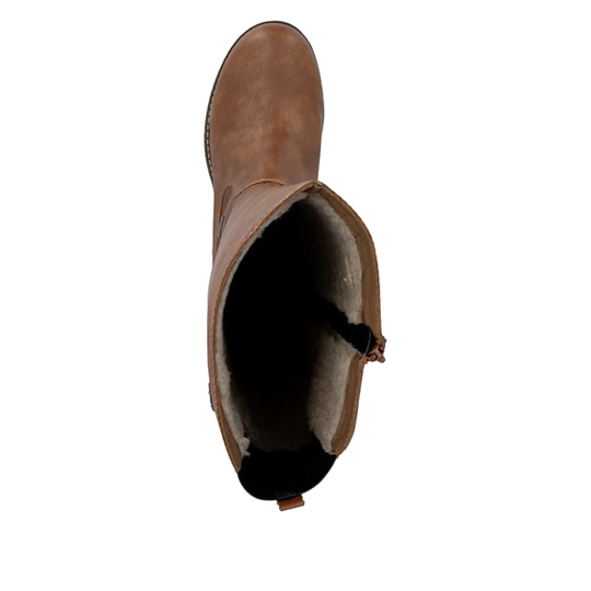 A brown leather mid-calf boot with a soft shearling lining, shown from a top-down view on a white background.