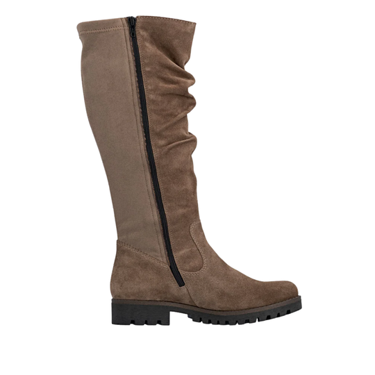 A single knee-high brown suede boot with a black side zipper, shown in profile against a plain white background.
