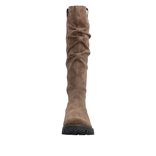 Brown knee-high boot on a white background