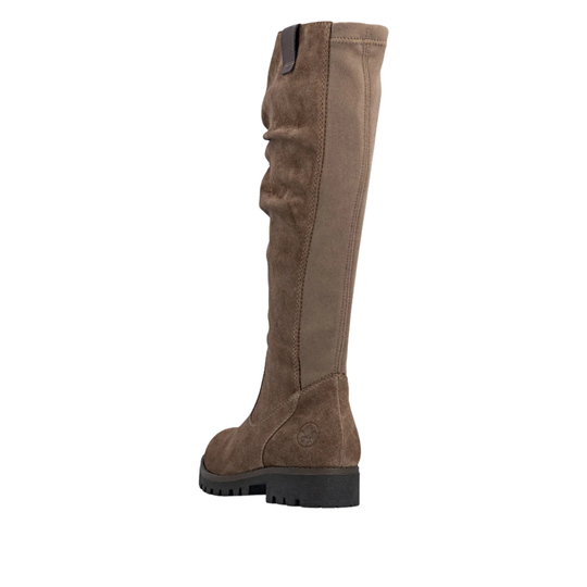 A single knee-high brown suede boot shown from a side profile view against a plain white background.