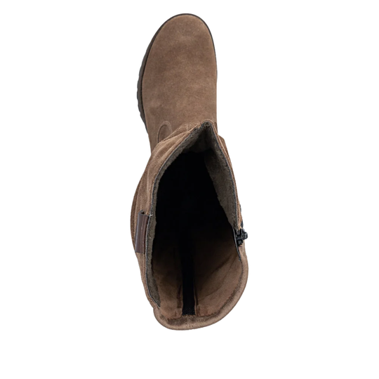 A single brown suede ankle boot shown from a top-down view against a plain white background.