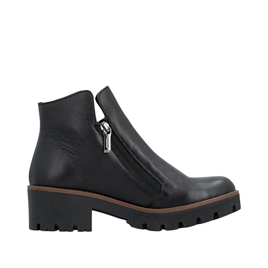 Black ankle boot with a zipper on a white background