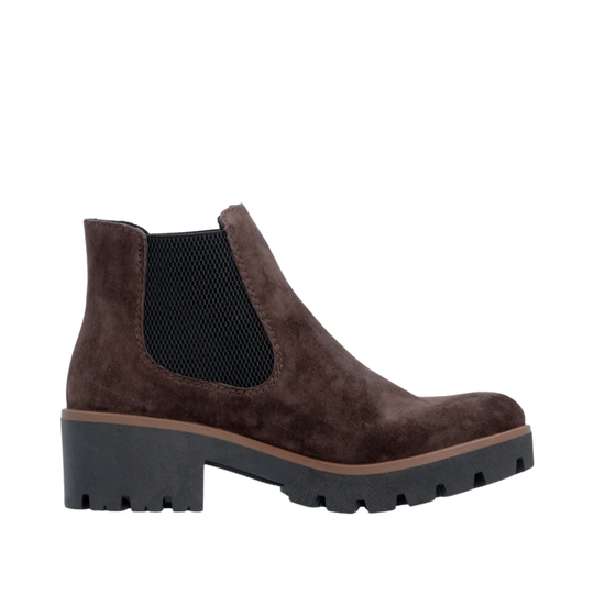 A dark brown suede Chelsea boot with a black elastic side panel and a chunky black lug sole, shown from a side profile on a white background.