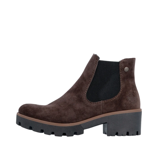 A dark brown suede Chelsea boot with a black elastic side panel and a chunky black lug sole, shown from a side profile view on a white background.