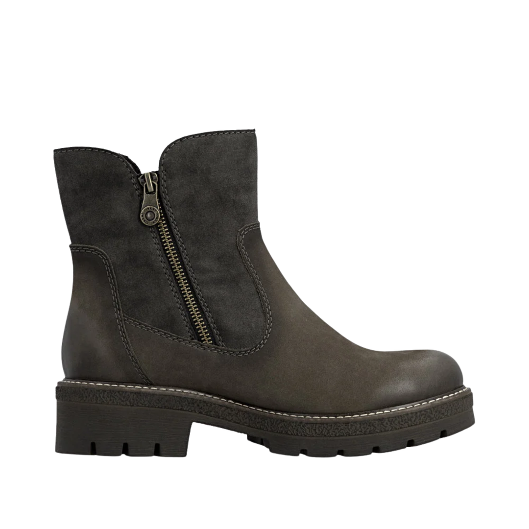 A dark brown leather ankle boot with a side zipper, shown in a side profile view against a plain white background.