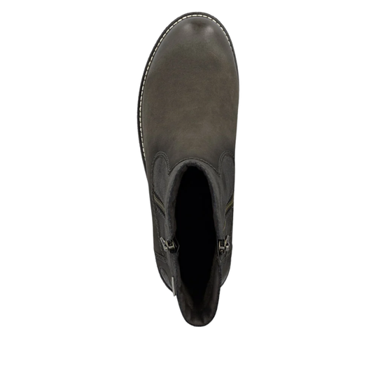 A single dark gray suede Chelsea boot shown from a top-down view against a plain white background.