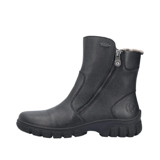 Black ankle boot with a zipper on a white background