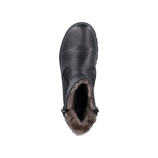 A single black leather ankle boot with a brown faux-fur lining, shown from a top-down view on a solid white background.