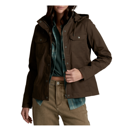 A woman wearing a dark brown hooded utility jacket over a teal shirt and tan pants, shown from the neck down against a plain white background.
