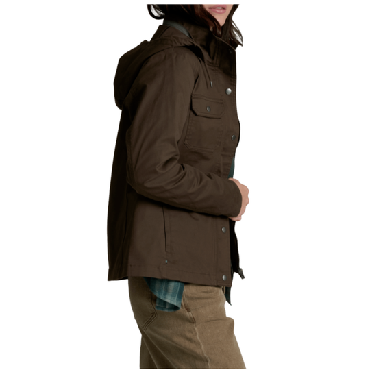 A woman wearing a dark brown hooded utility jacket, shown from the side against a plain white background.