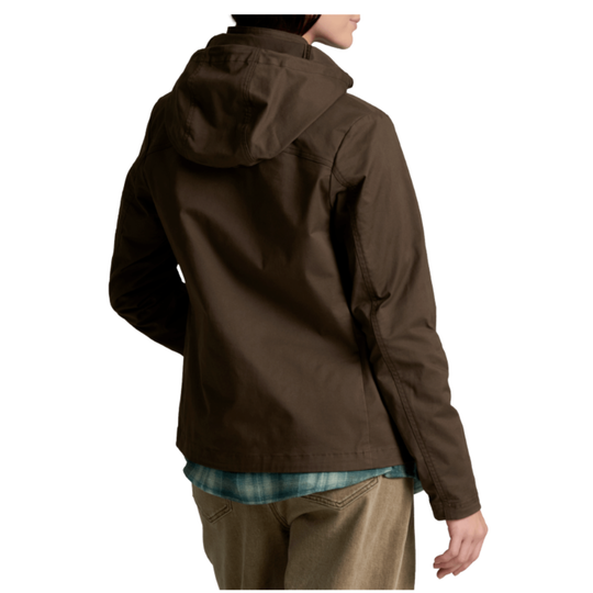 A person shown from the back wearing a dark brown hooded jacket over a blue plaid shirt and tan pants, against a plain white background.