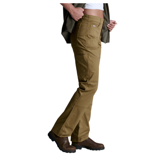 A person shown from the waist down wearing tan cargo-style pants, an open olive green jacket, a white crop top, and brown boots against a plain white background.