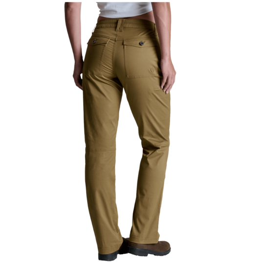 A person shown from the back wearing a pair of straight-leg khaki pants, paired with a white top and brown hiking boots, against a plain white background.