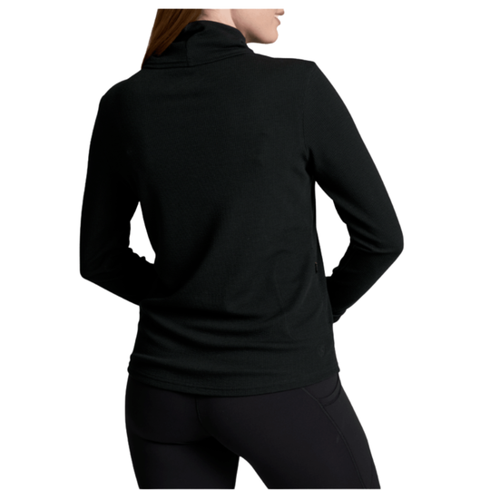 A woman shown from the back wearing a black long-sleeve mock neck athletic top and black leggings against a plain white background.