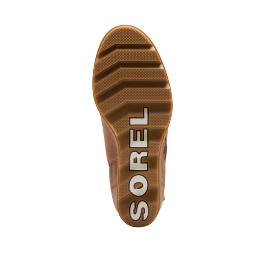The brown rubber outsole of a Sorel boot, featuring the brand name 'SOREL' printed vertically in white with a black outline, shown against a plain white background.