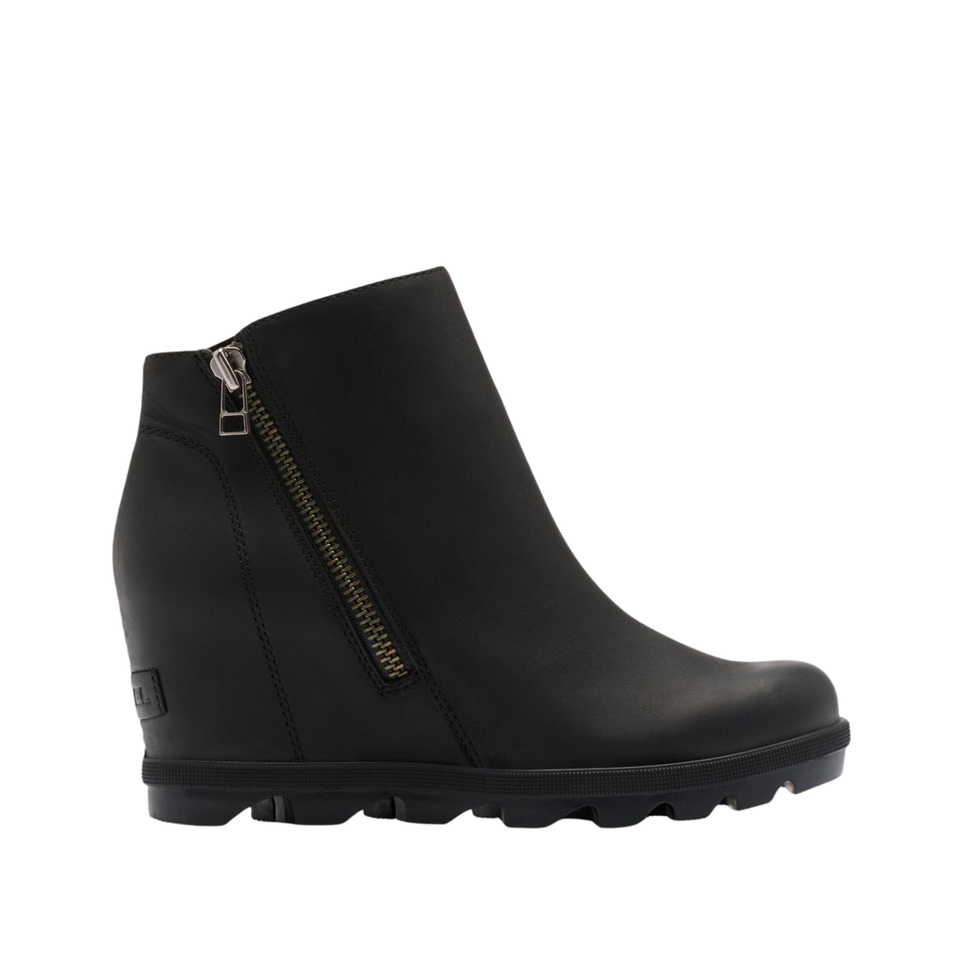 A black leather wedge ankle boot with a side zipper, shown in profile against a plain white background.