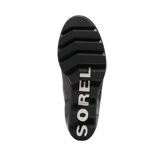 The black rubber outsole of a shoe, featuring the brand name 'SOREL' printed vertically in white on the heel, shown against a plain white background.
