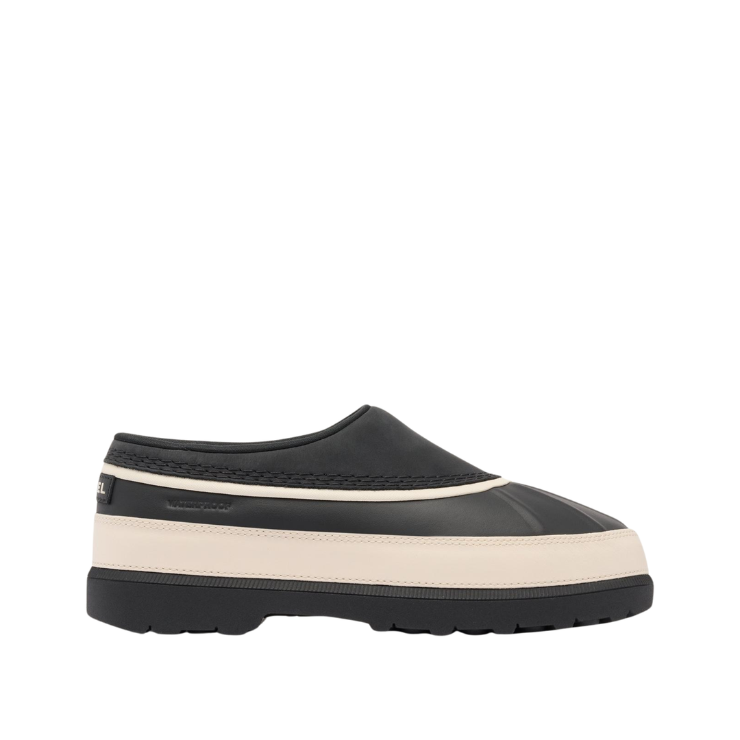 A slip-on clog-style shoe in black with a thick cream-colored midsole stripe and a black outsole, shown from a side profile view against a plain white background.