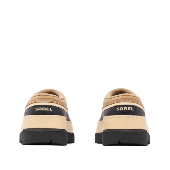 A pair of Sorel shoes shown from the back, featuring a beige and tan upper with a black heel stripe and black sole.