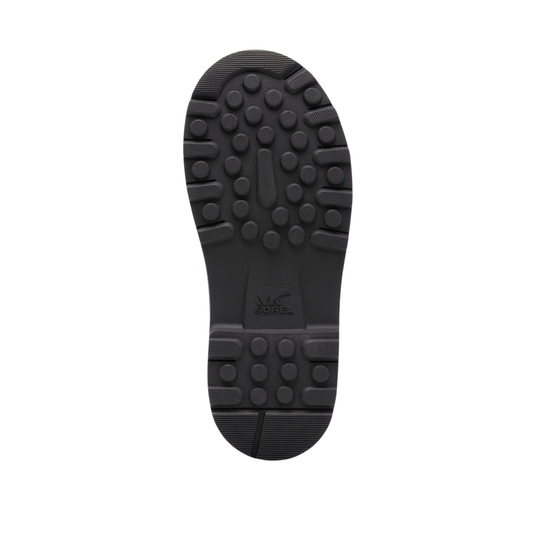 The black rubber outsole of a shoe, showing a textured tread pattern and a debossed logo that reads 'sorel', isolated on a white background.