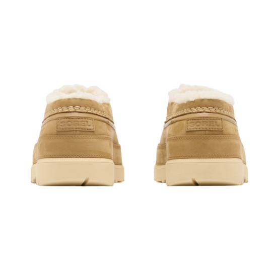A pair of beige suede slip-on shoes with white faux-fur lining and a cream-colored sole, shown from the back on a white background.