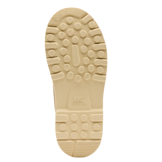 A close-up, top-down view of a tan rubber shoe sole with a textured tread pattern and embossed 'sorel' branding, set against a plain white background.