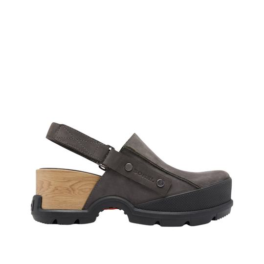 A single dark gray suede clog shoe with a light wood block heel and a black textured sole, shown from a side profile on a white background. The brand name 'DORFER' is embossed on the side strap.