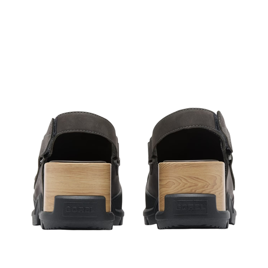 A pair of sorel clogs shown from the back, featuring dark brown leather uppers, light natural wood block heels, and black soles with the SASSET brand name embossed.