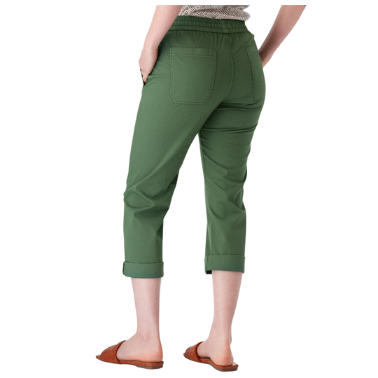 A person shown from the back wearing olive green cropped pants with rolled cuffs and brown slide sandals, against a plain white studio background.