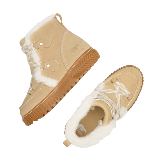 A pair of beige suede-like winter boots with white faux-fur lining and laces, shown from top and side angles on a plain white background.