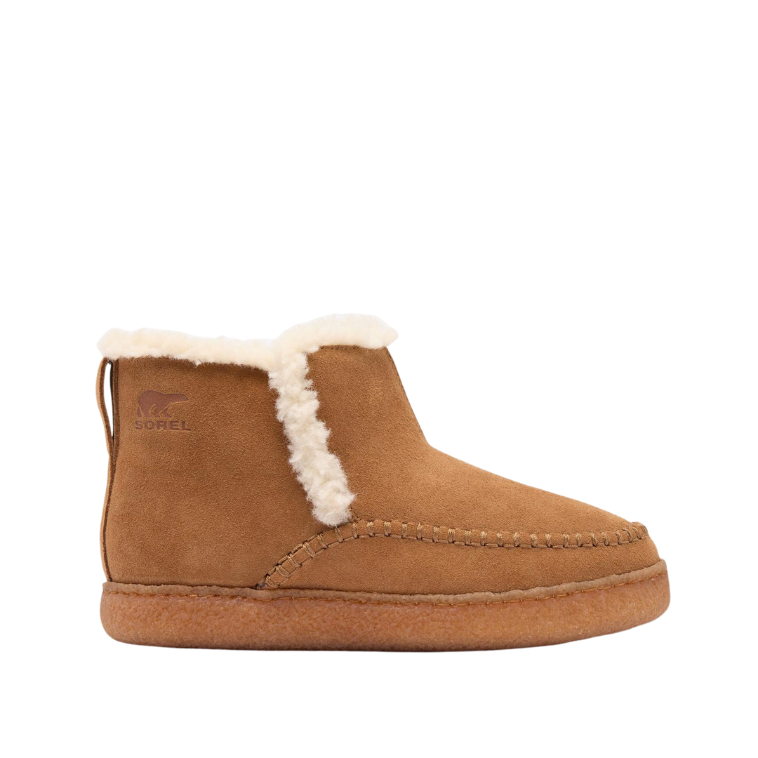 A single brown suede ankle boot with a white shearling lining, shown from the side on a plain white background. The brand name 'SOREL' is visible on the heel.