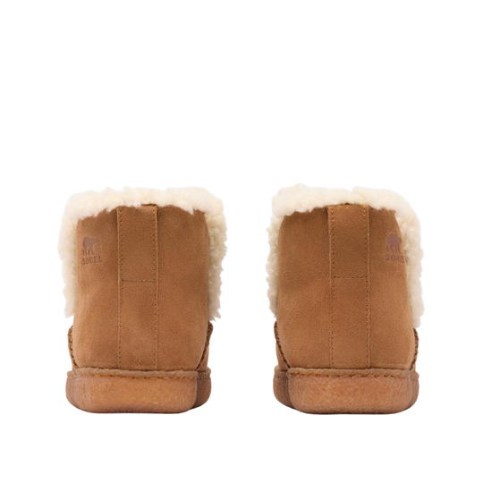 A pair of brown suede slipper boots with white shearling lining, shown from the back on a solid white background.