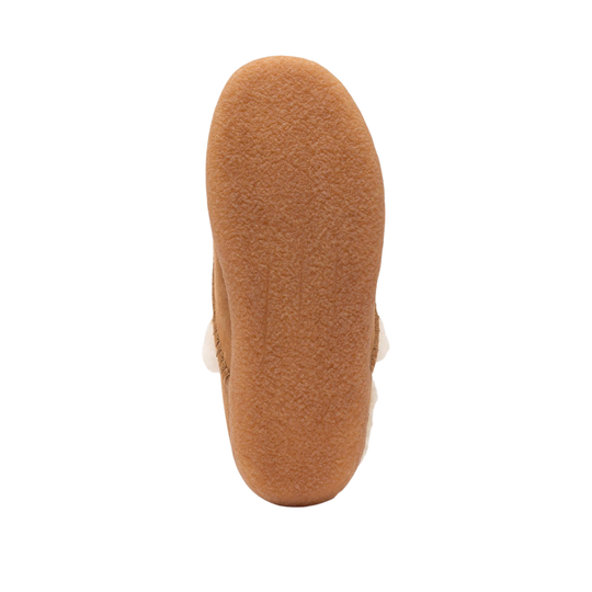 A close-up, top-down view of a tan or camel-colored textured shoe sole on a plain white background.