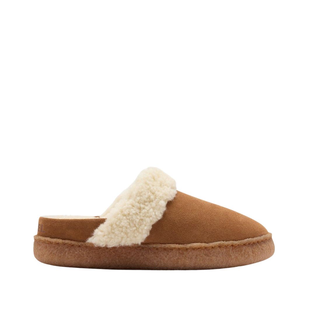A single brown suede slipper with a thick cream-colored shearling collar, shown from a side profile view against a plain white background.