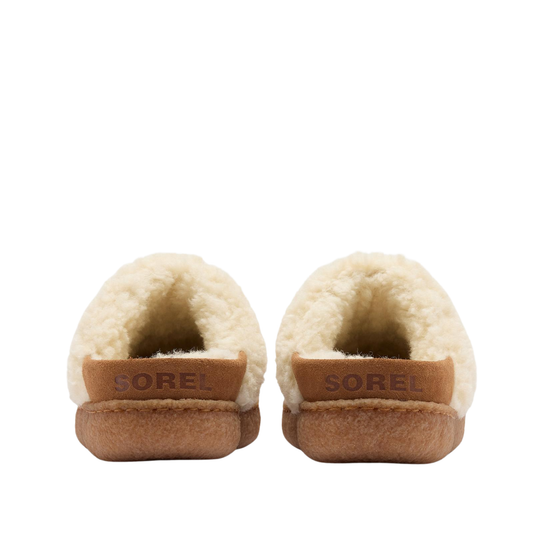 A pair of tan suede slip-on slippers with thick cream sherpa lining, shown on a plain white background.