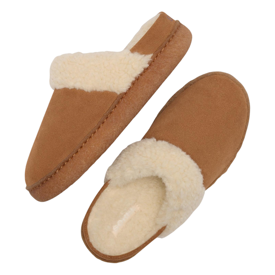 A pair of tan suede slip-on slippers with thick cream sherpa lining, shown on a plain white background.