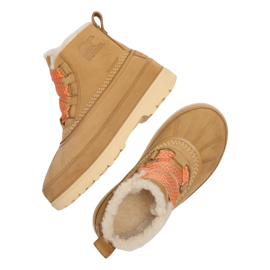 A pair of tan suede winter boots with cream shearling lining and bright orange braided laces, shown from multiple angles on a white background.