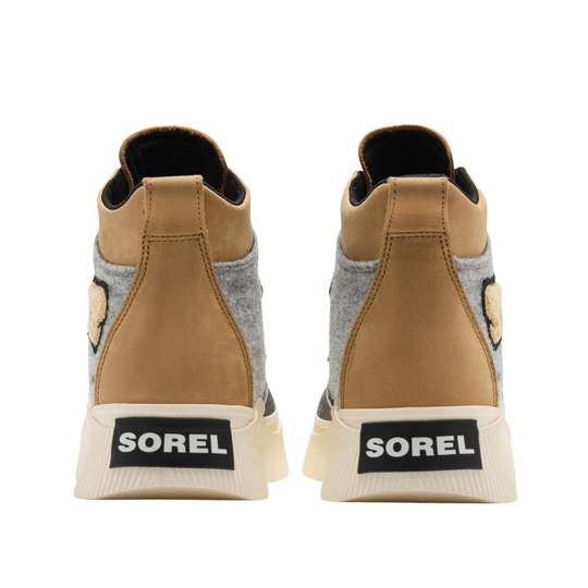 A pair of Sorel mid-top sneakers shown from the back, featuring tan leather panels, a gray felt side panel, a beige sole, and a black Sorel logo patch on the heel.