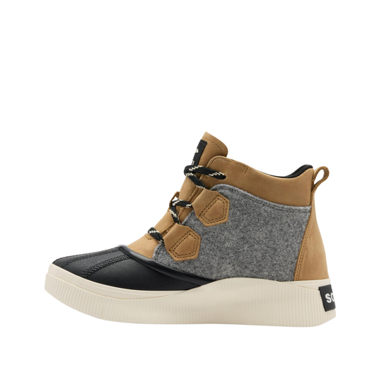 A mid-top platform sneaker boot with a black leather toe cap, a gray felt side panel, tan suede overlays, and a thick cream-colored platform sole. The shoe is shown from a side profile view against a plain white background.