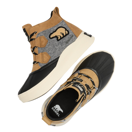 A pair of mid-top athletic sneakers shown from different angles on a solid white background. The shoes feature a tan and black upper with a gray felt panel and a stylized bear logo, paired with thick off-white midsoles and black outsoles.