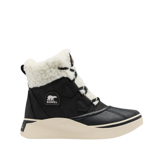 A black mid-top outdoor boot with a white midsole and a small red accent on the heel, shown from the side against a light gray background.