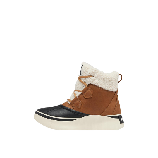 A mid-height winter boot with a brown leather upper, white sherpa lining, and a black rubber toe cap, shown against a plain white background.