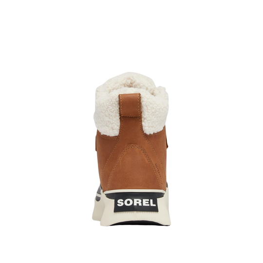 A single Sorel mid-height sneaker boot shown from the back, featuring a brown suede upper, a thick white shearling collar, and a white platform sole with a black SOREL logo patch.