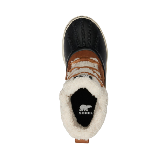 A top-down view of a Sorel winter boot featuring a black synthetic upper, brown faux-leather panels, a thick white sherpa fleece collar, and a black interior with the white Sorel logo.