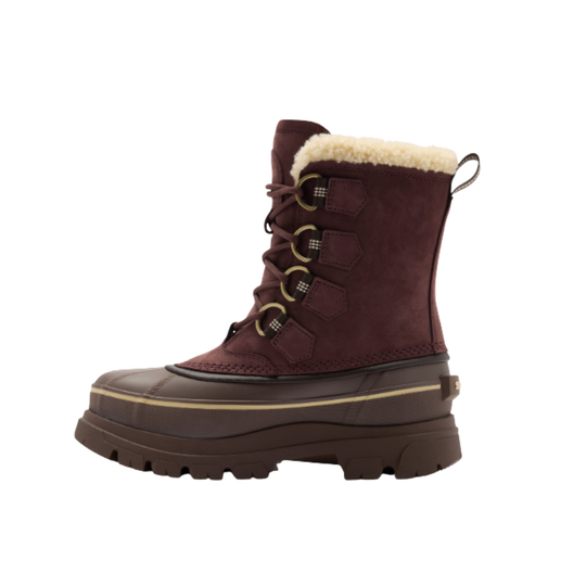 A single mid-calf winter boot in dark burgundy suede with a cream shearling lining, lace-up front, and a thick dark brown rubber sole, shown from a side profile on a white background.