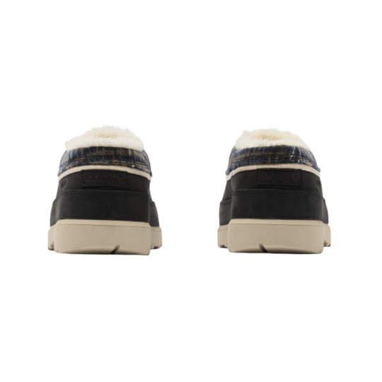 A pair of black slip-on winter slippers with a cream sherpa lining and a blue-gray patterned fabric collar, shown from the back on a white background.