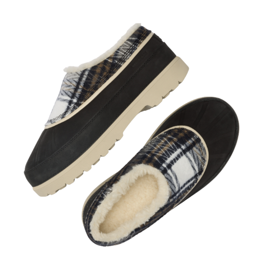 A pair of slip-on slipper shoes with black uppers, beige soles, and a plaid patterned lining with cream sherpa interior, shown on a plain white background.