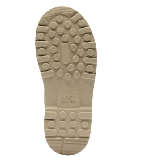 The outsole of a tan or beige boot, showing a textured tread pattern and the embossed brand name 'sorel' in the center, isolated on a white background.
