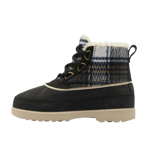 A single winter lace-up boot shown in profile against a plain white background. The boot has a black suede-like lower section, a patterned textile upper panel in navy, gray, and white, a cream-colored faux-fur collar, and a light beige sole.